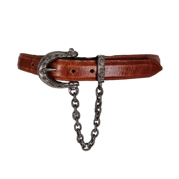 Vintage RJ Graziano Brown Leather Belt Silver Filigree Buckle Swag Chain L main image 11